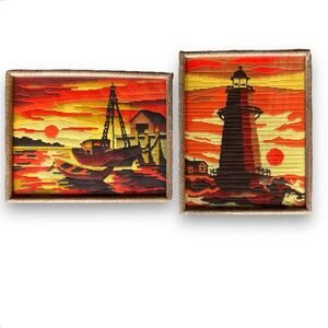 Vintage 80s Artcraft Kit Sunset Lighthouse Sailboat Framed Finished Needlecraft